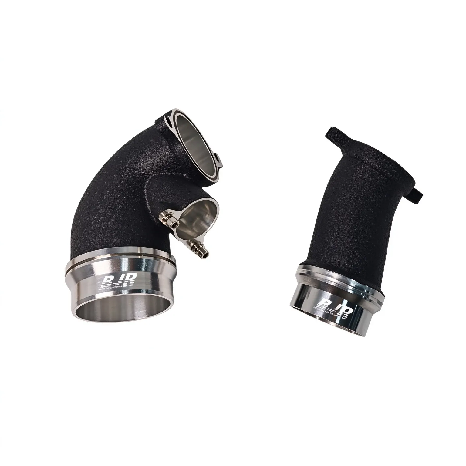 Two black intake pipes with metal ends and the BJR mark
